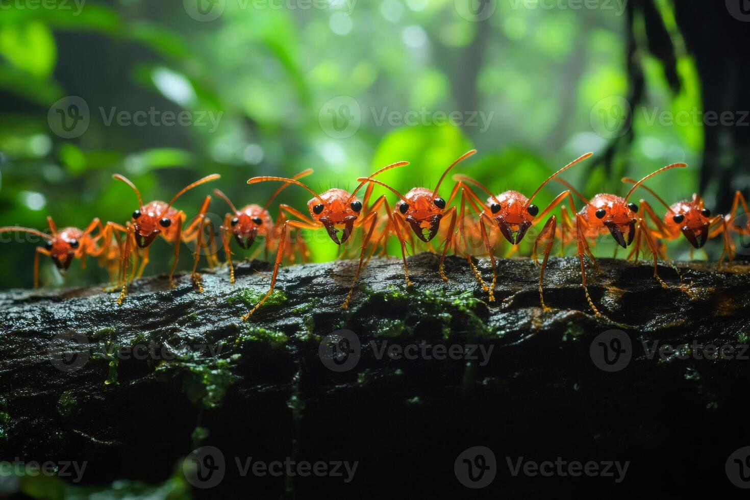 Red ants marching on a branch in the rainforest photo