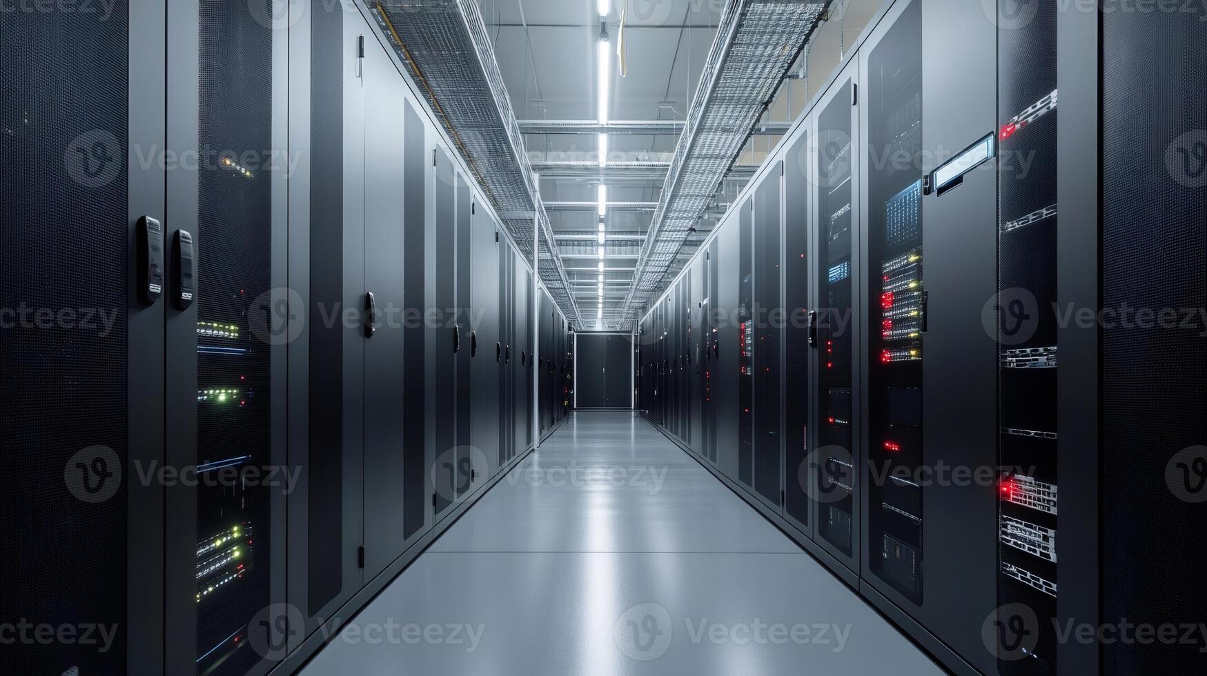 Server racks storing data in a modern data center corridor photo