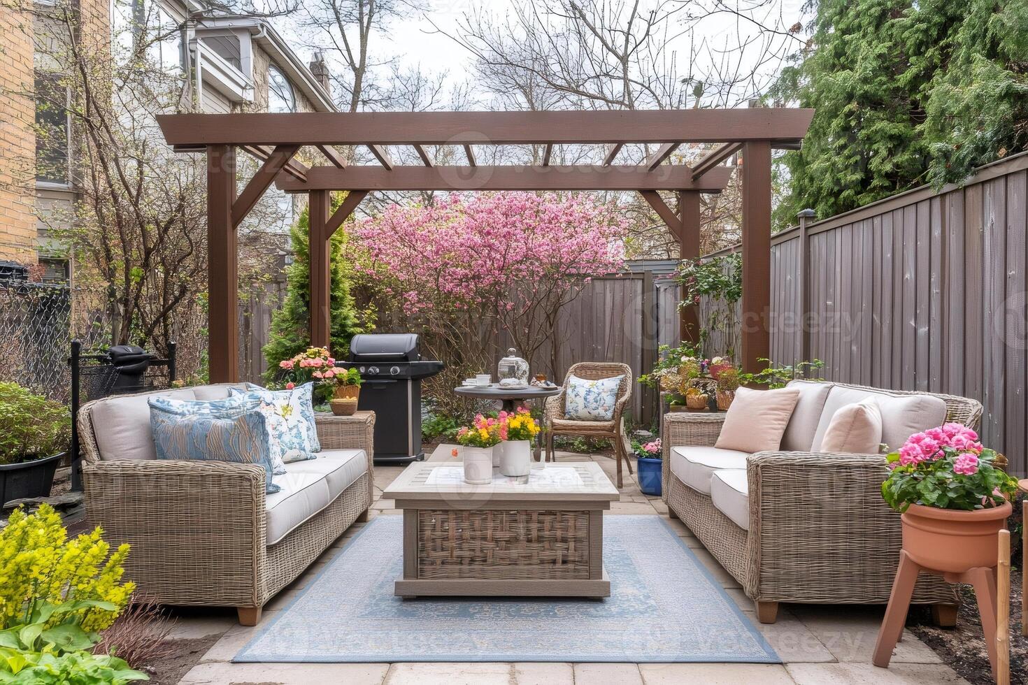 Cozy backyard patio with pergola, comfortable seating, and blooming flowers creating a relaxing outdoor living space photo