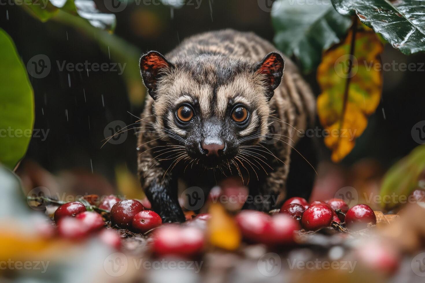 Common palm civet walking in the rain and eating coffee beans photo