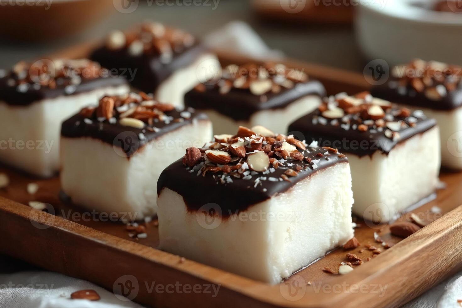 Coconut Marshmallows Covered in Dark Chocolate and Topped with Almonds and Coconut Flakes on Wooden Tray photo