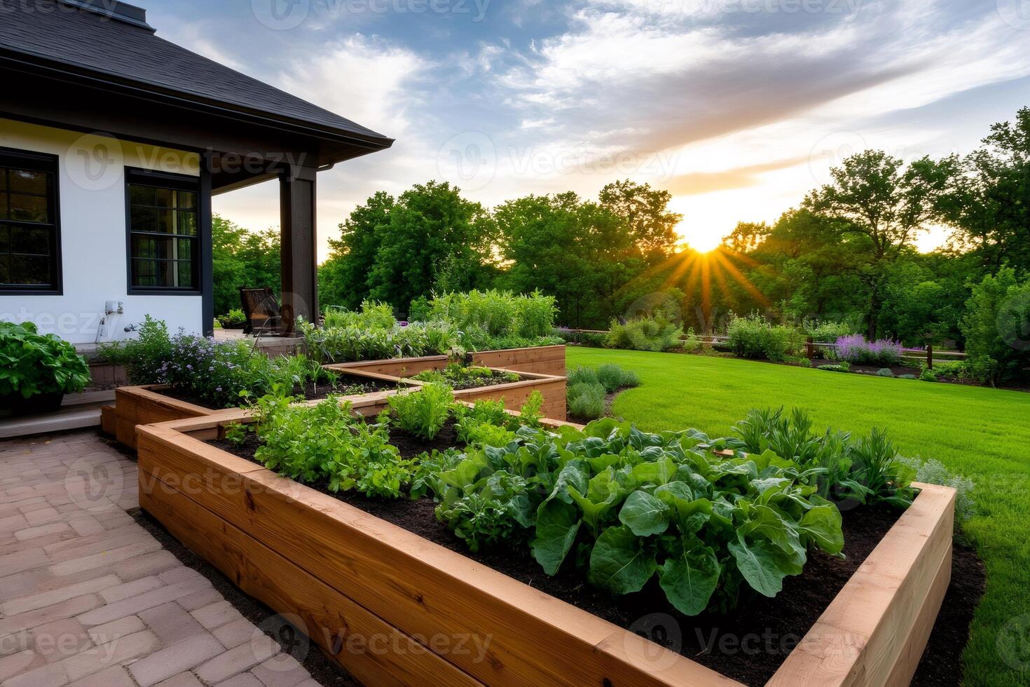 Backyard vegetable garden growing in raised beds at sunset photo