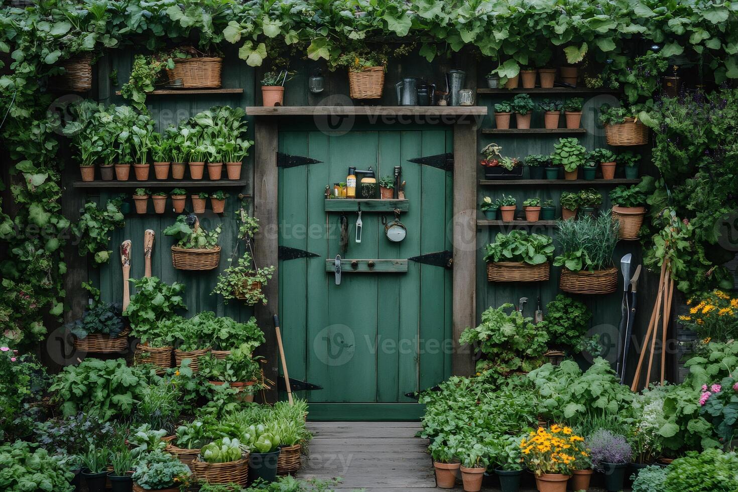 Green door surrounded by lush plants and gardening tools in a vibrant urban garden setting photo