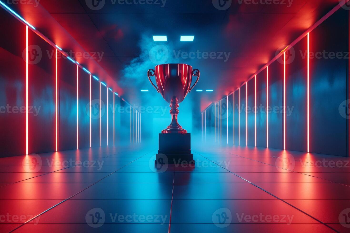 Champion trophy shining in a dark corridor with blue and red neon lights photo