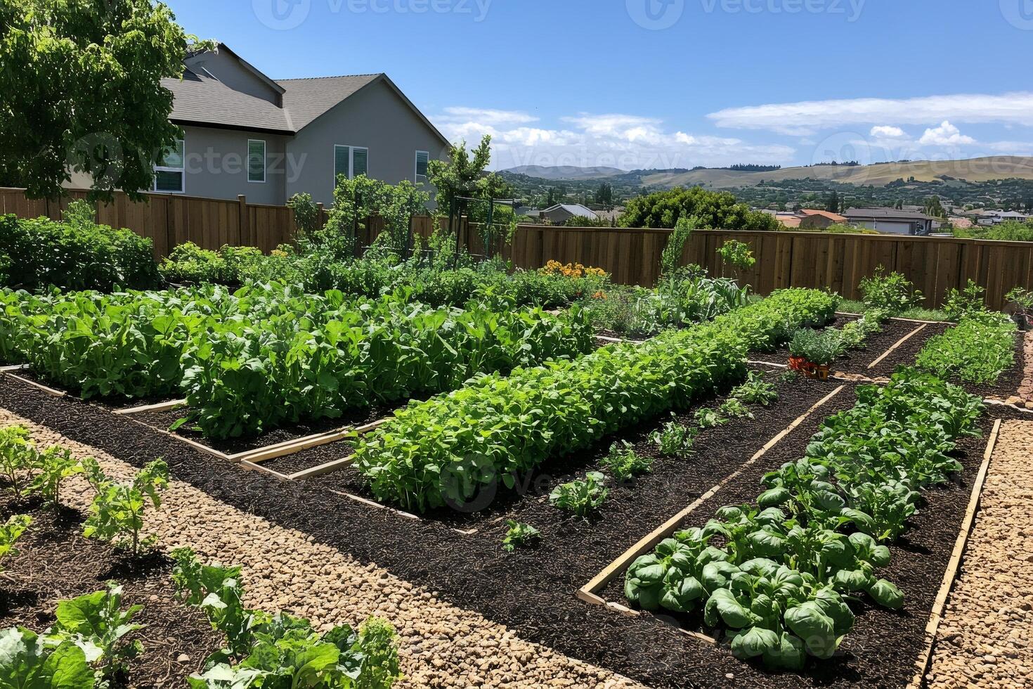 Backyard vegetable garden thriving in spring, promoting sustainable living and healthy eating photo