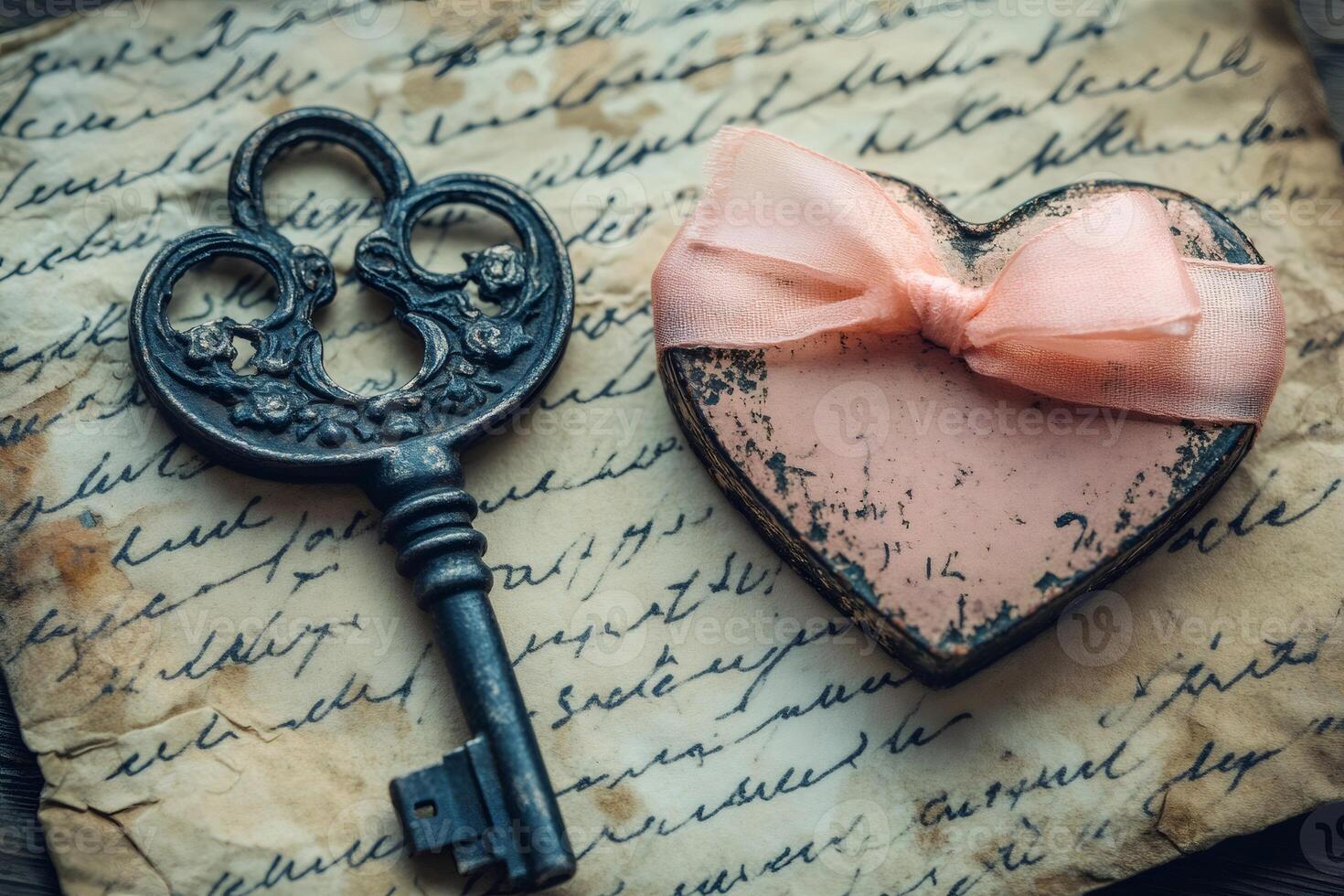 Antique Key and Heart Shaped Gift Box Resting on Old Love Letter photo