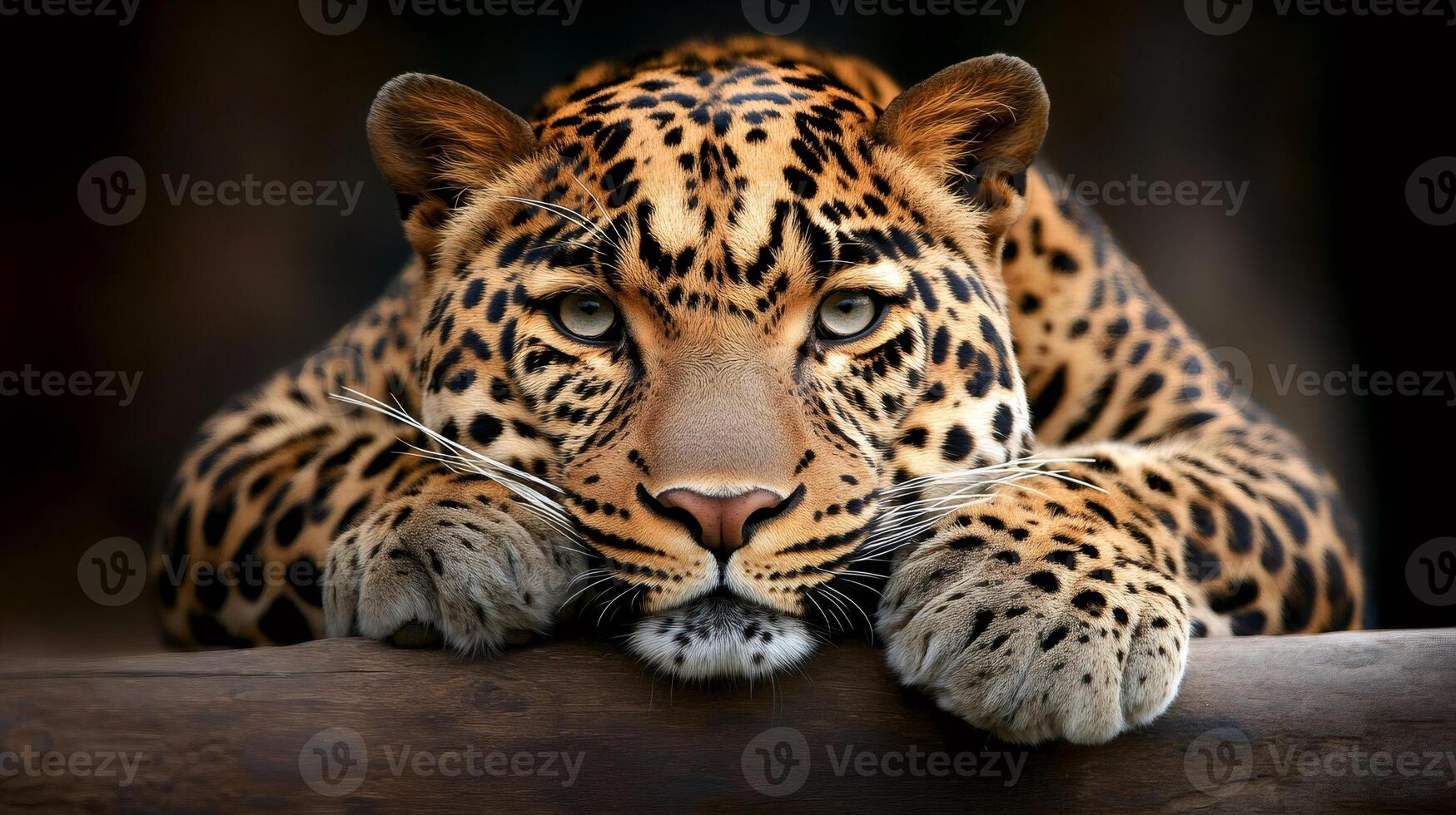 Leopard resting its head on a log with intense stare photo