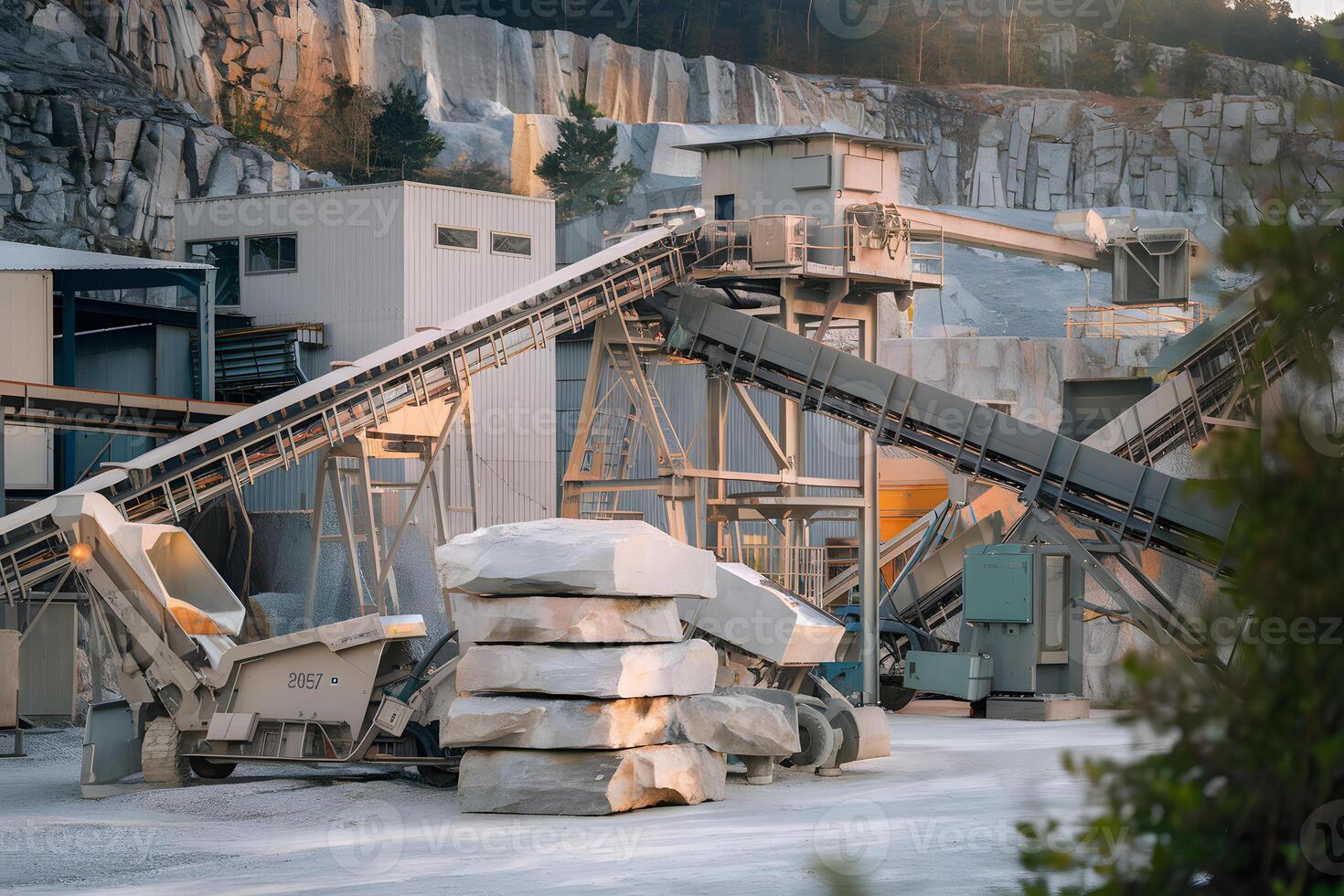 Stone quarry with conveyor belts transporting rocks and machinery processing minerals photo