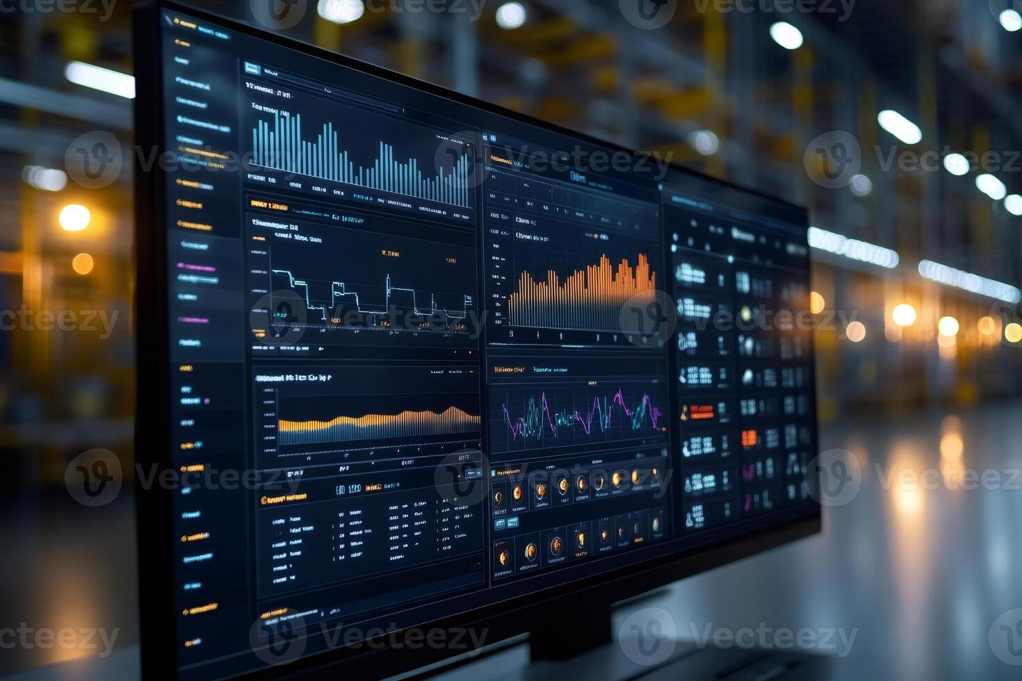 Computer screen showing business intelligence dashboards in a server room photo