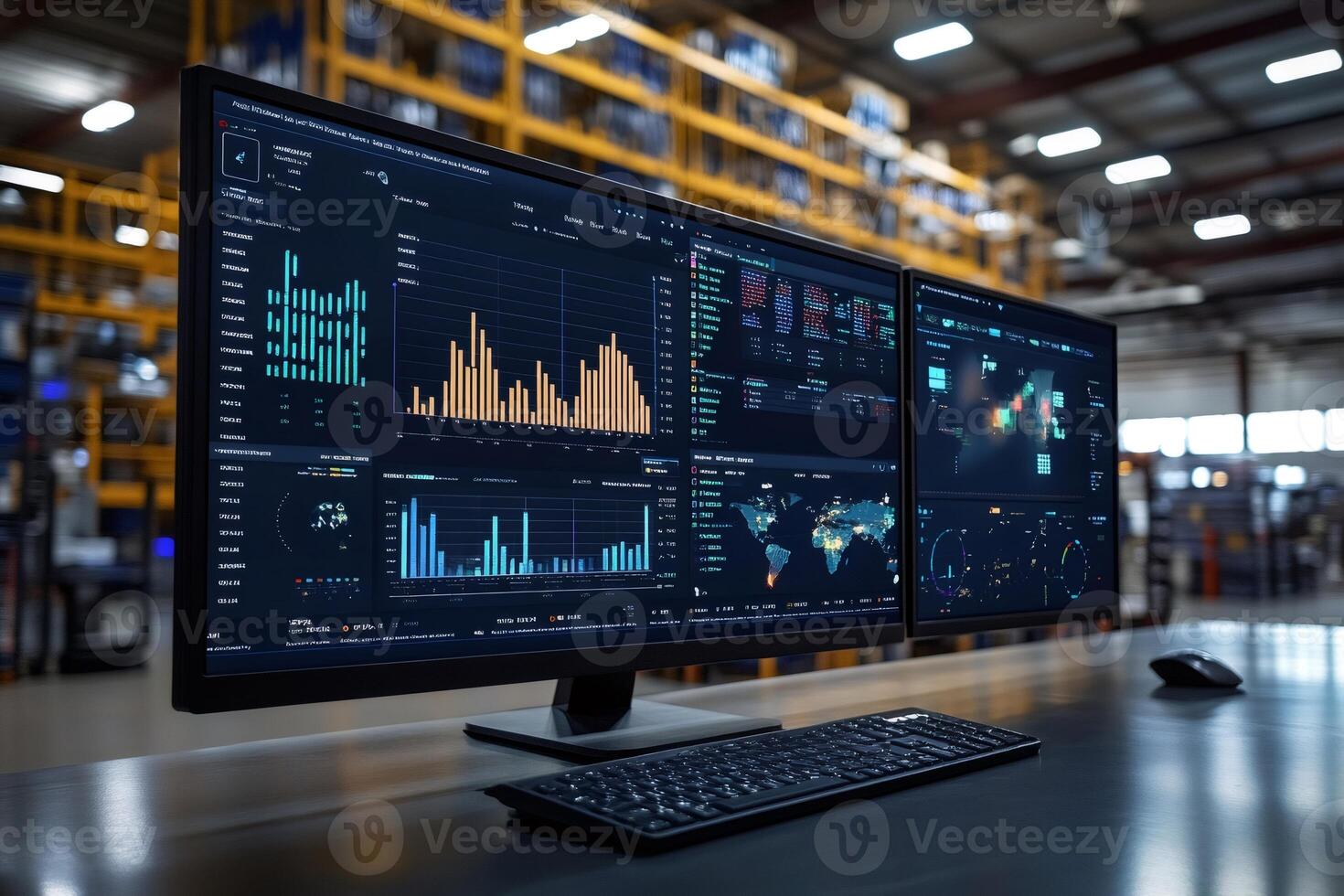 Computer monitors displaying various data and charts in a warehouse setting photo