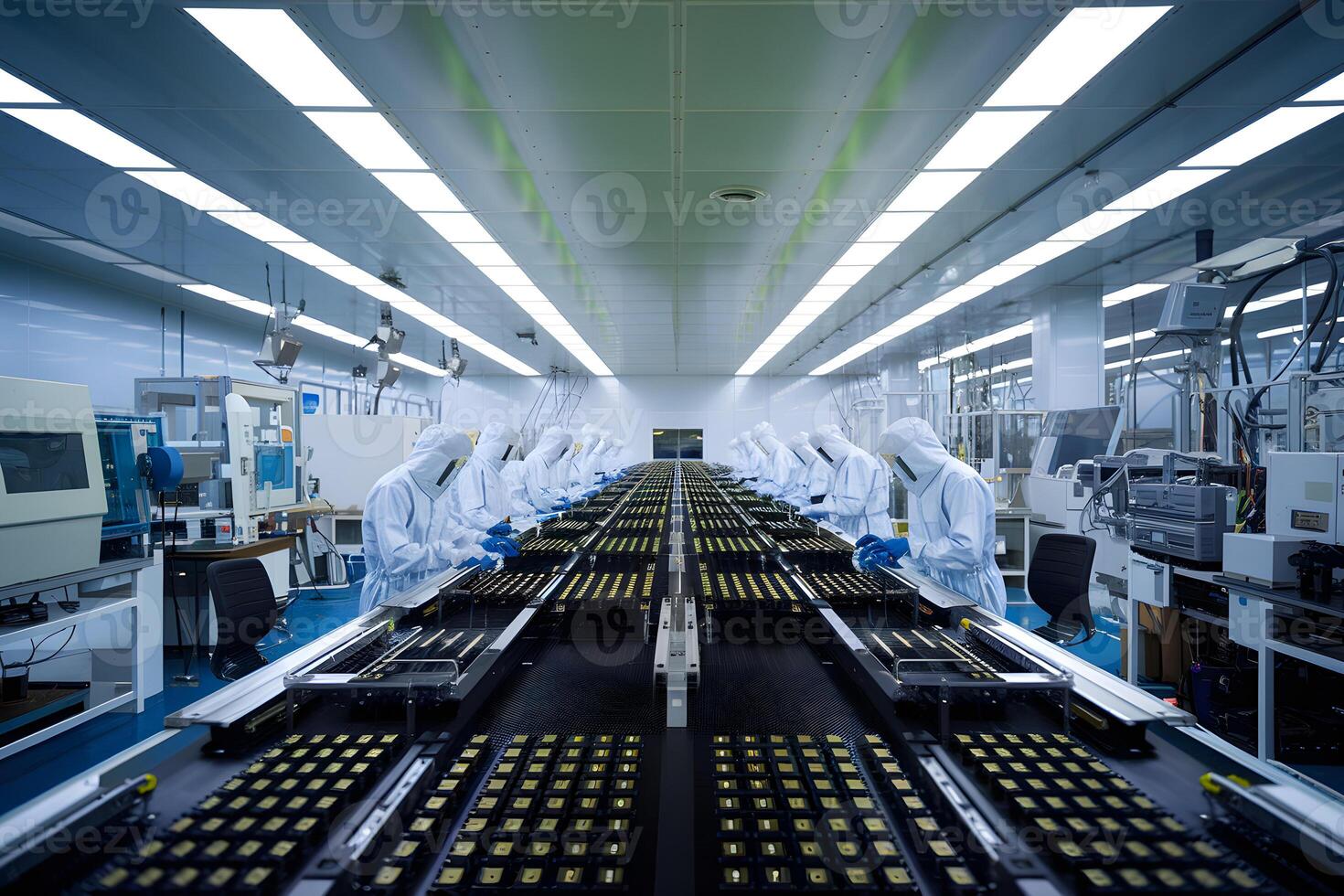 Technicians working on microchip production line in high tech factory photo