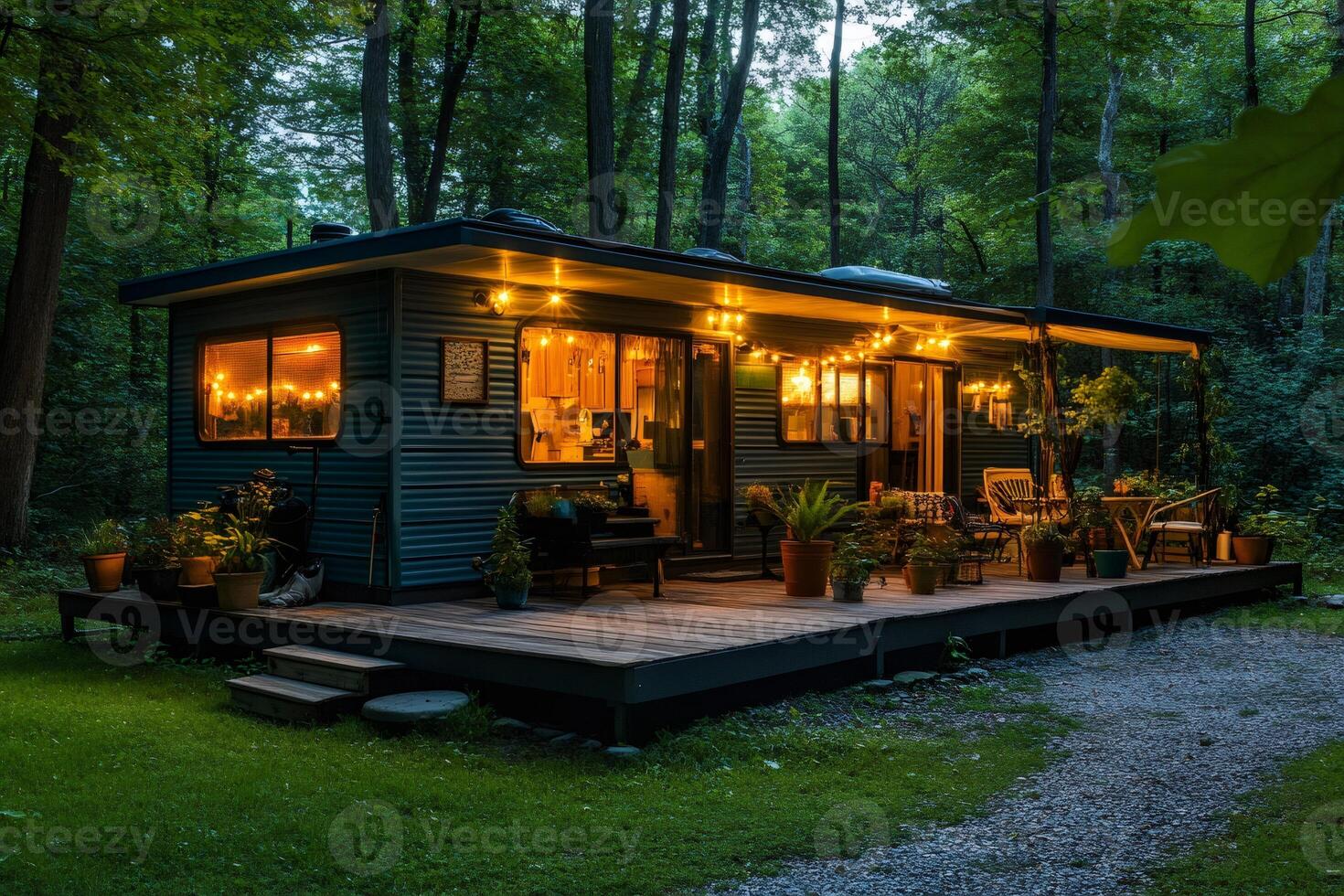 Cozy mobile home in the forest at dusk with warm lights illuminating the porch photo