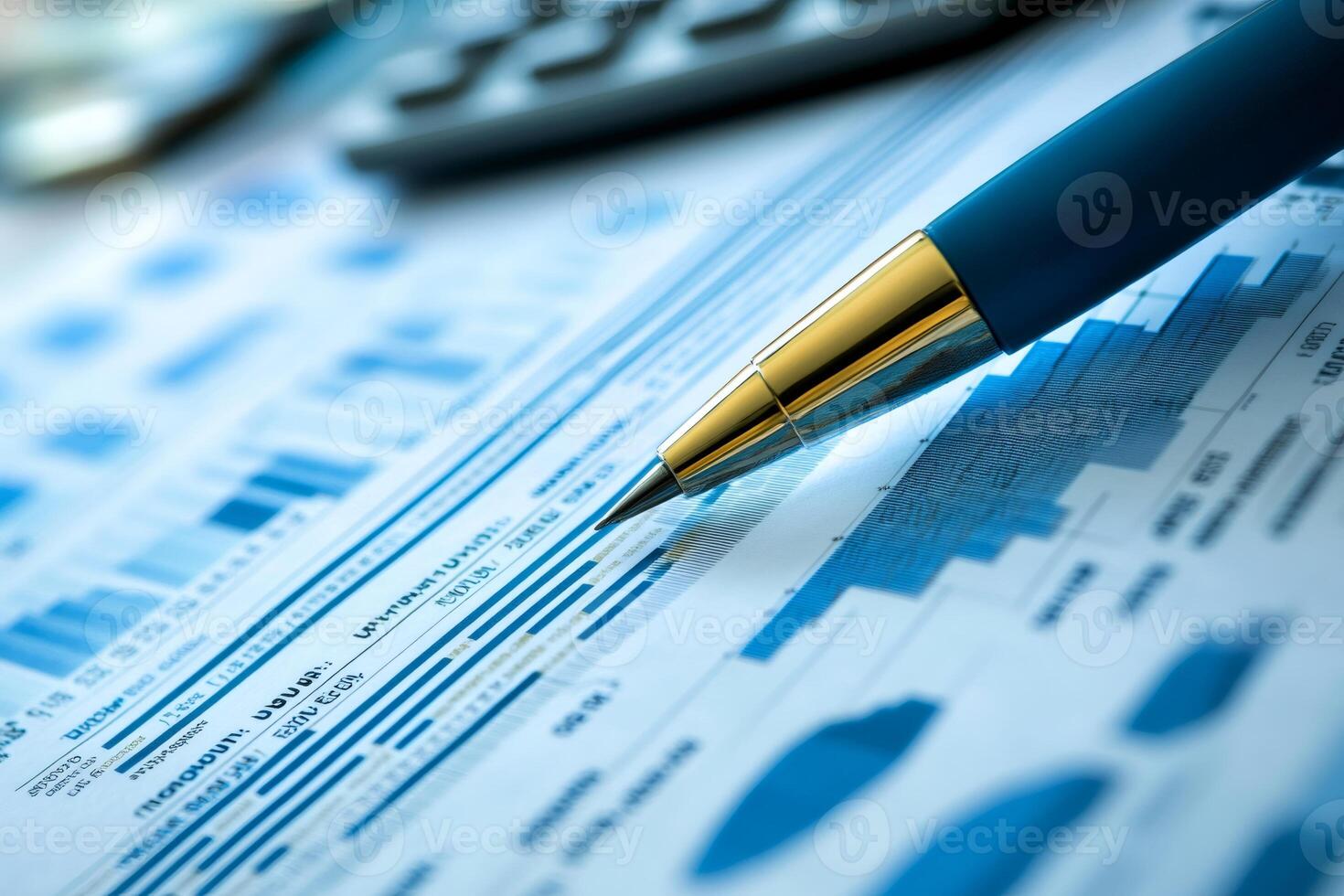 Close up of Pen Analyzing Financial Charts and Reports with Calculator photo