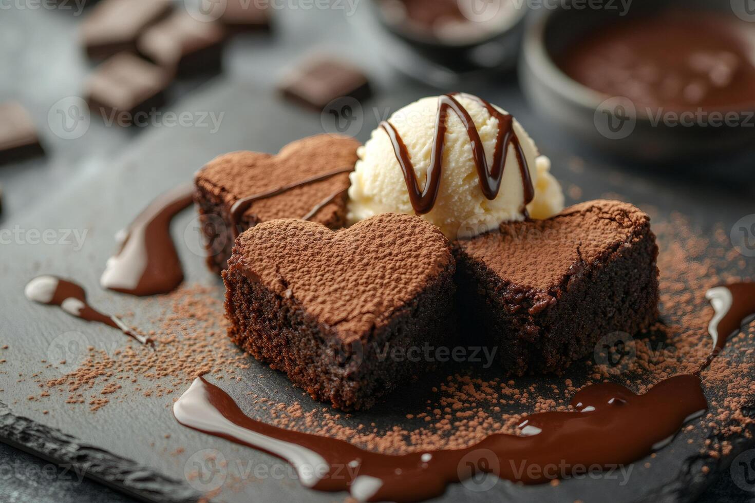 Heart shaped brownies with vanilla ice cream and chocolate sauce are waiting on a black slate plate photo