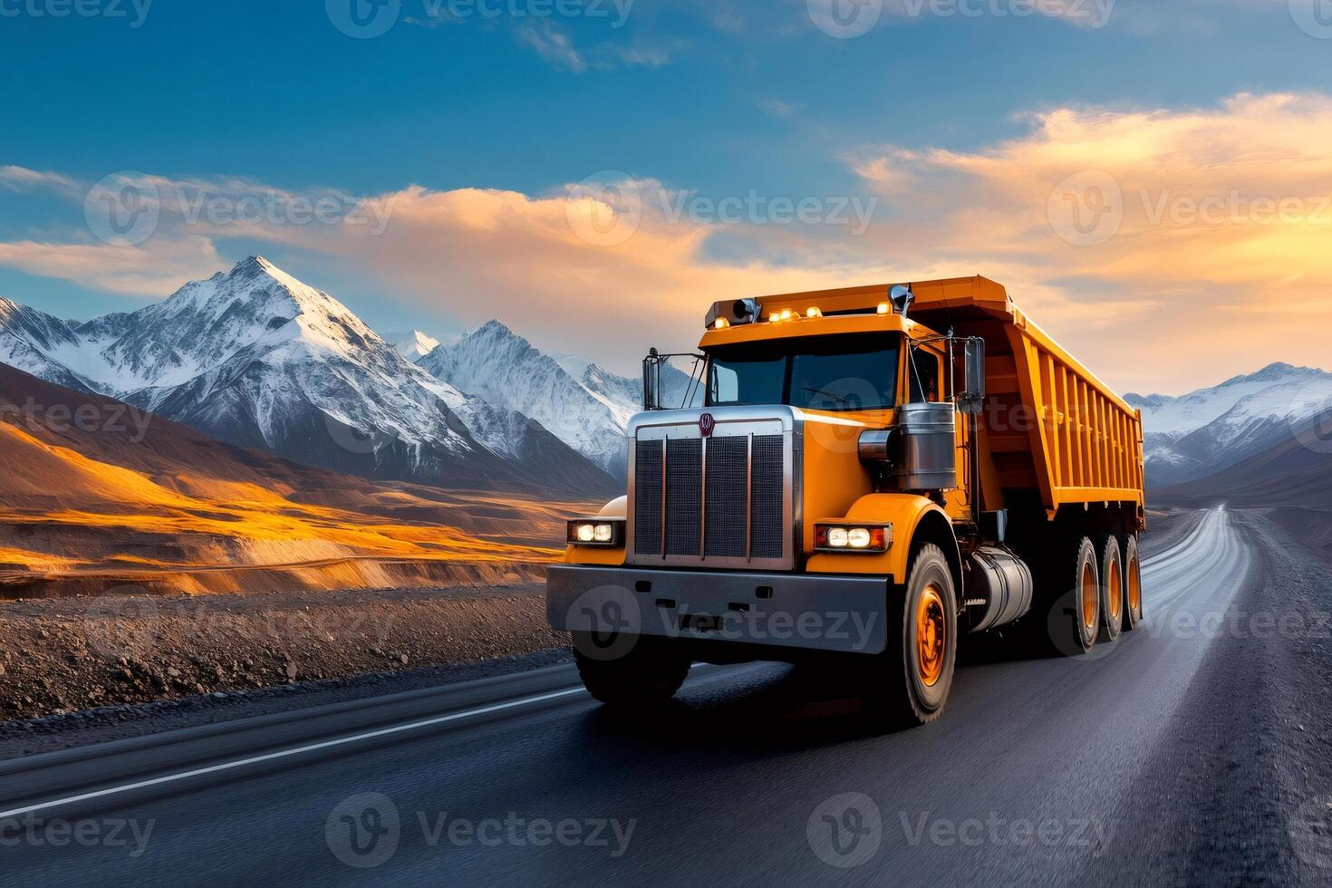 Yellow dumper truck driving on a mountain road at sunset photo