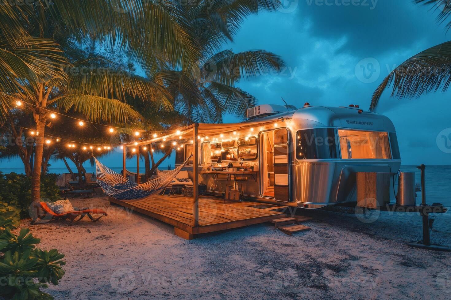 Modern camper trailer parked on tropical beach at dusk with hammock and string lights illuminating the scene photo