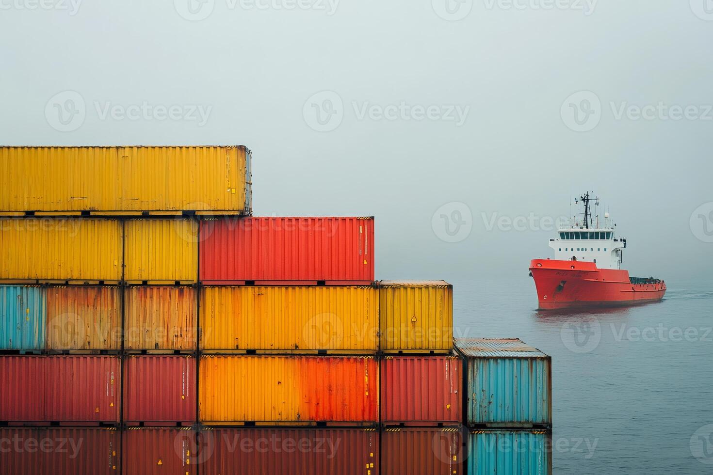 Cargo ship approaching colorful container stacks in the fog photo
