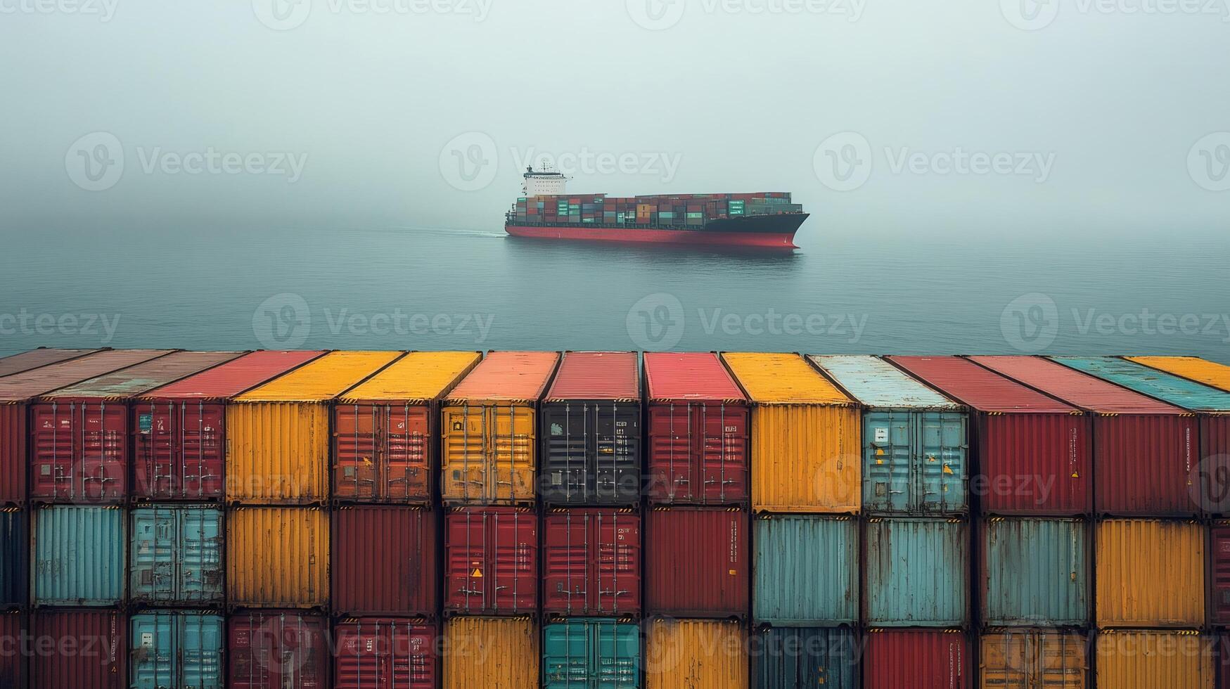 Container Ship Approaching Cargo Ship with Colorful Containers in the Fog photo