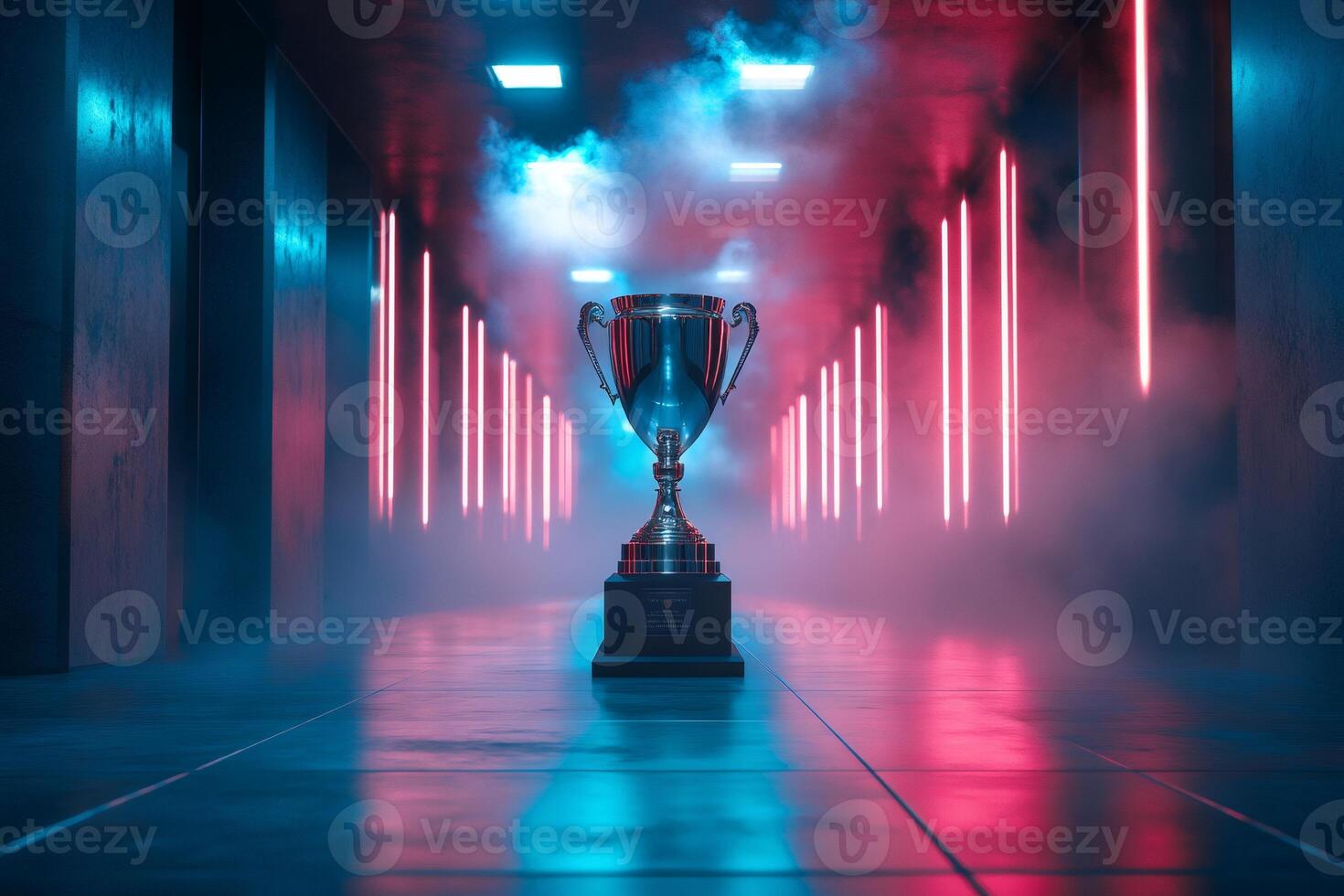 Silver trophy standing in dark corridor with neon lights and smoke photo