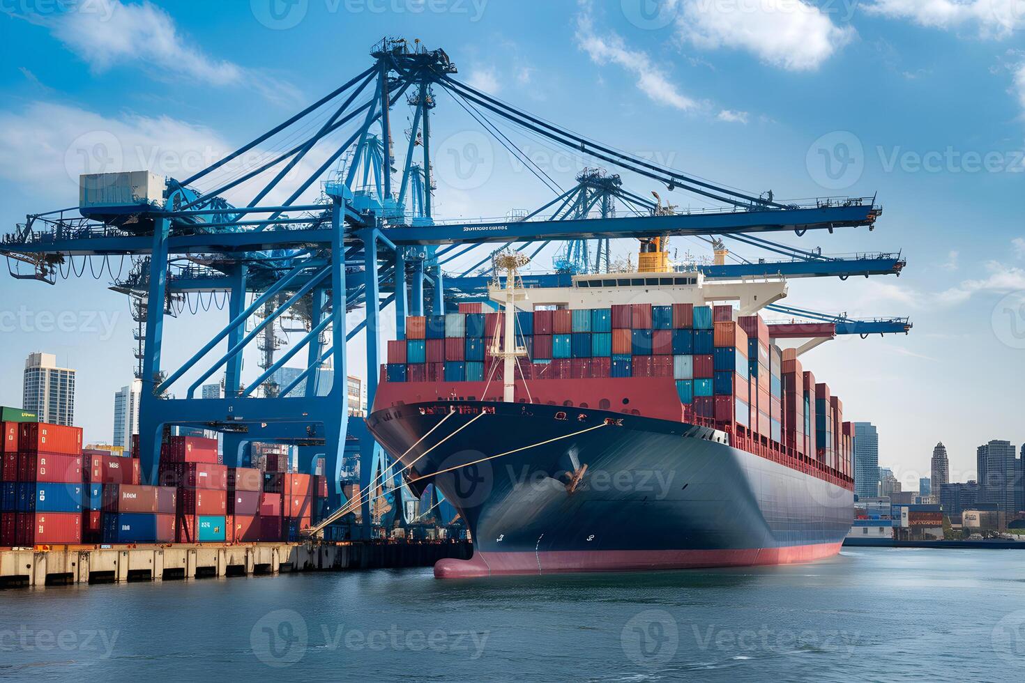 Large container ship docking at commercial port with loading cranes photo