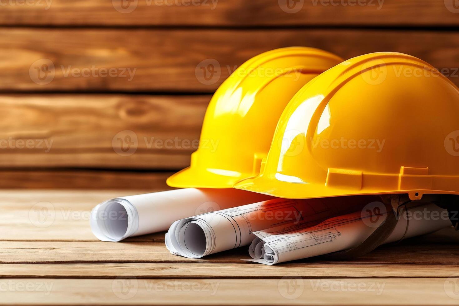Construction helmets and blueprints resting on wooden surface photo