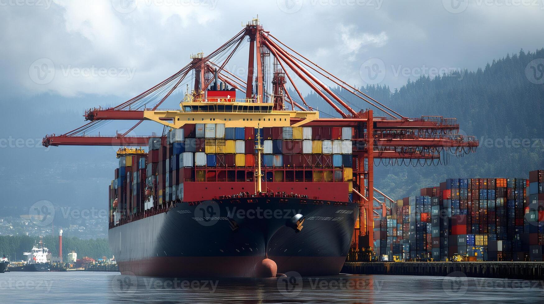 Container Ship Docking at Port Terminal with Cargo Cranes operating photo