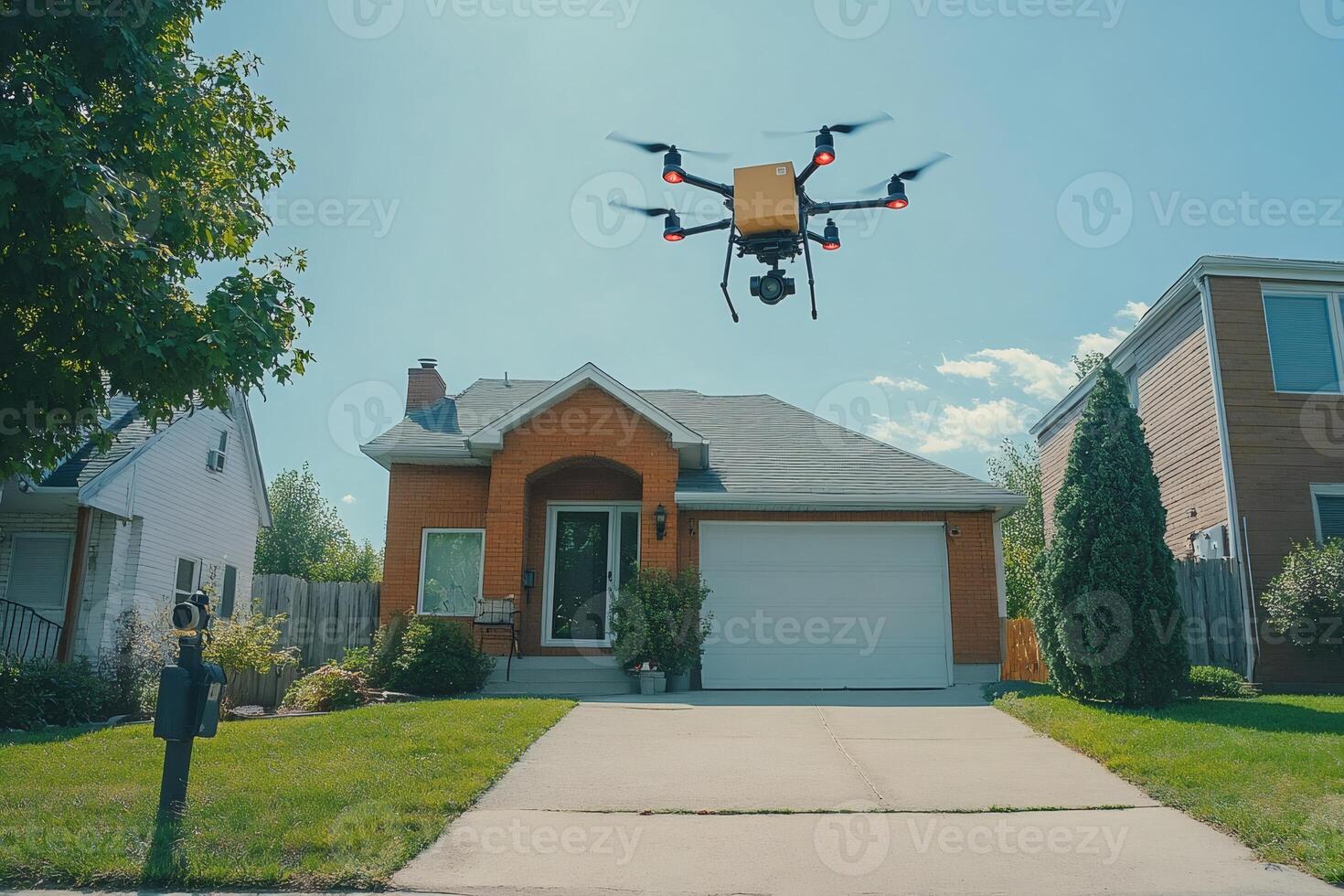 Drone delivering package to suburban house using innovative technology photo