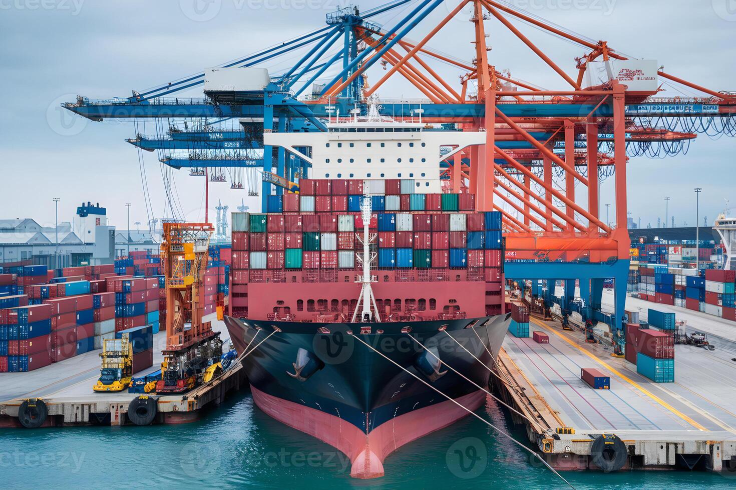 Container Ship Docking at a Busy Port with Cranes Loading Cargo. photo