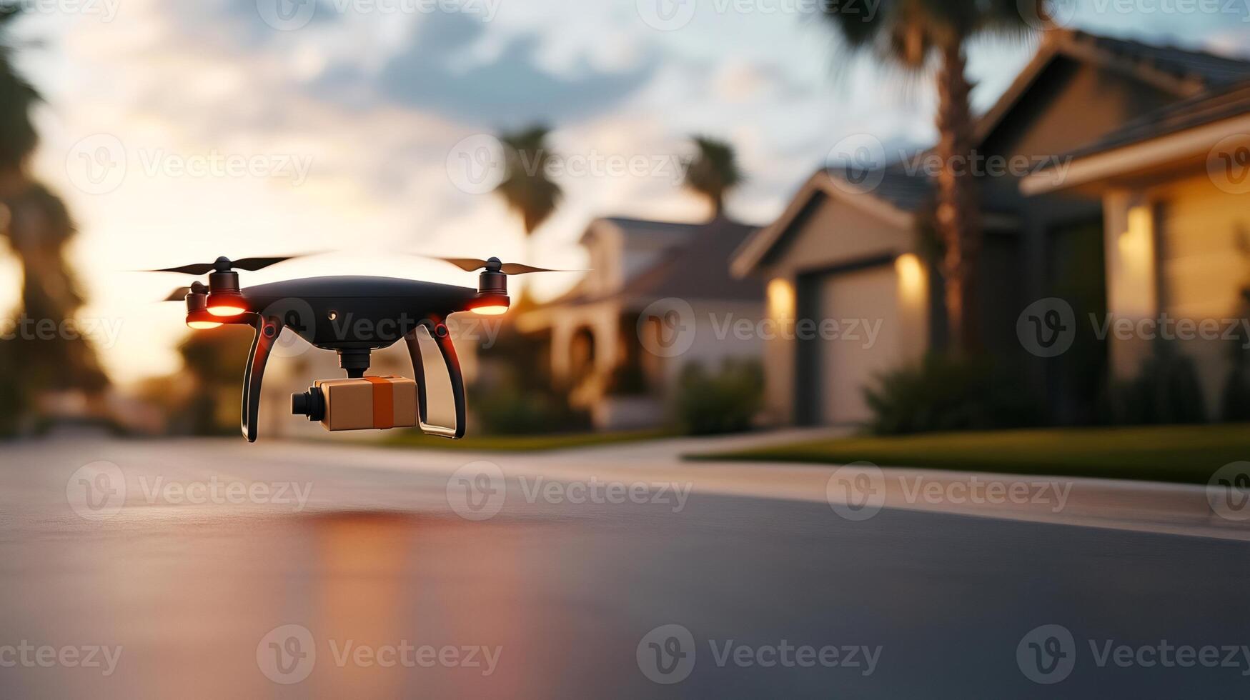 Drone delivering package flying over suburban houses at sunset photo