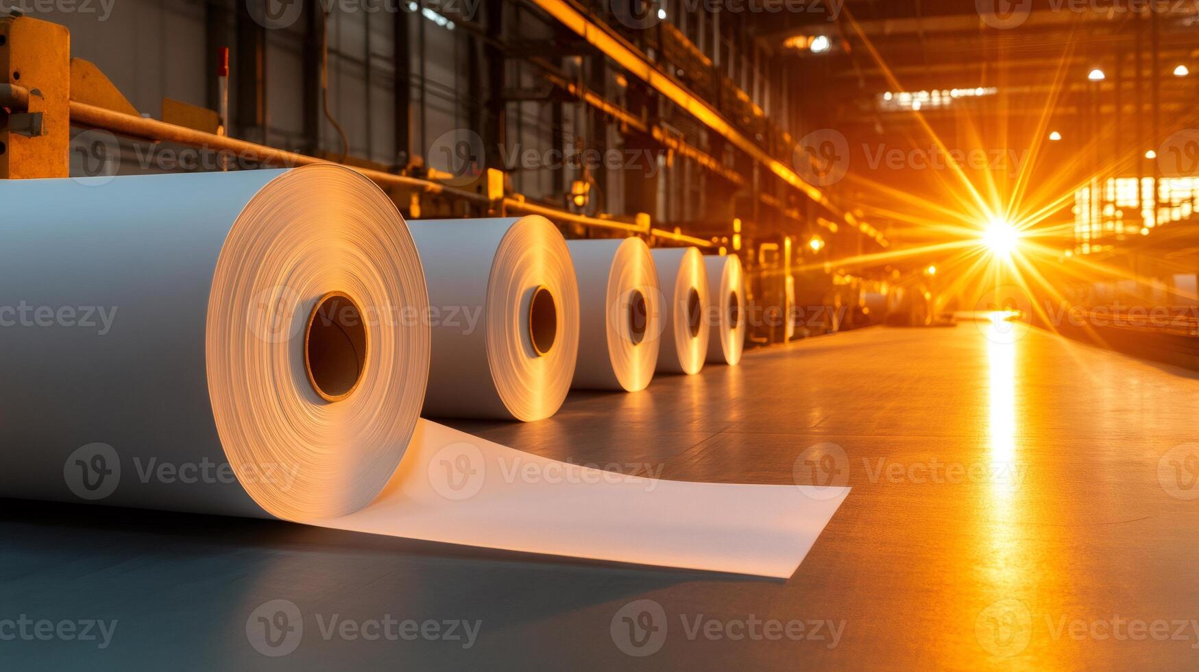 Large rolls of white paper or other material stand on the floor in a warehouse or factory at sunset photo
