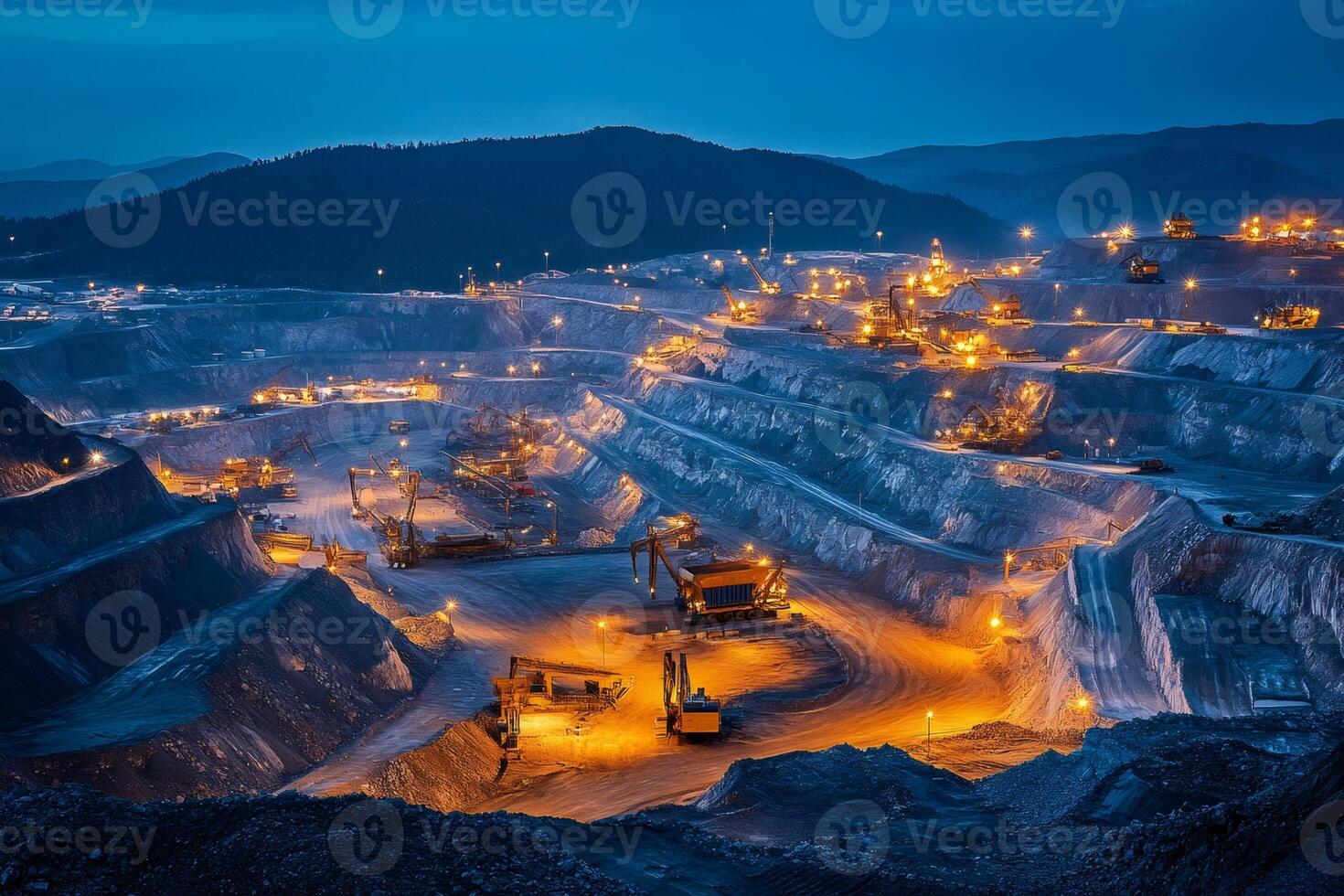 Illuminated Open Pit Mine at Dusk with Machinery photo