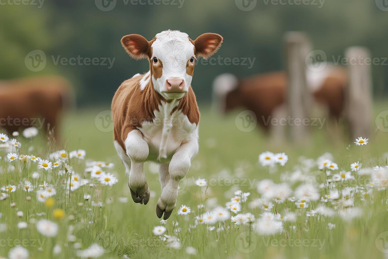 Playful calf jumping in a field of daisies photo