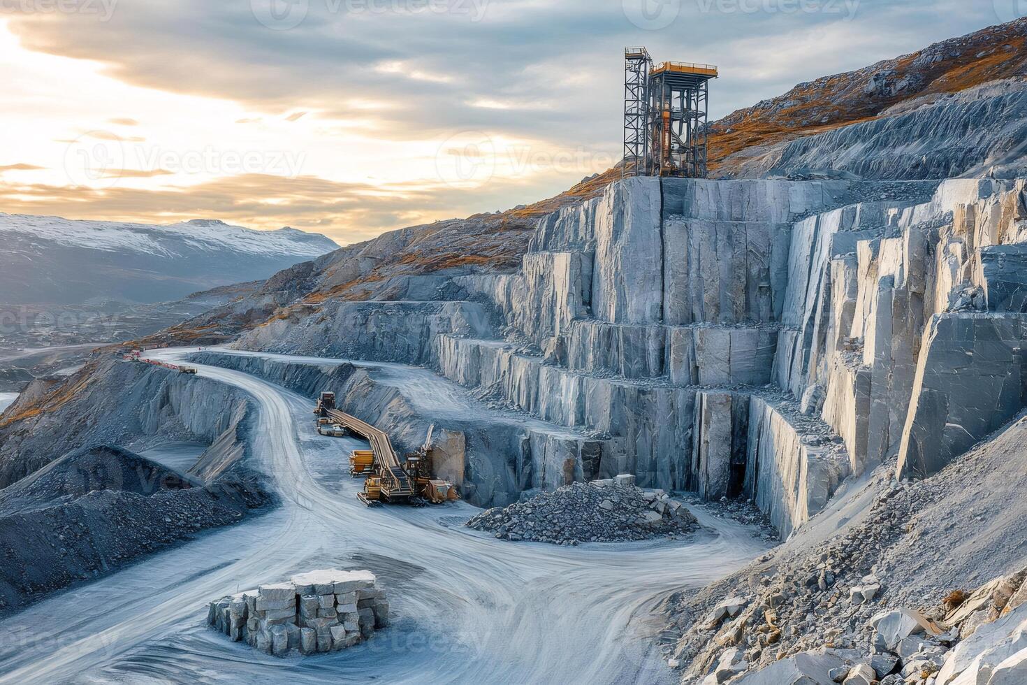 Granite quarry with towering rock formations and machinery photo