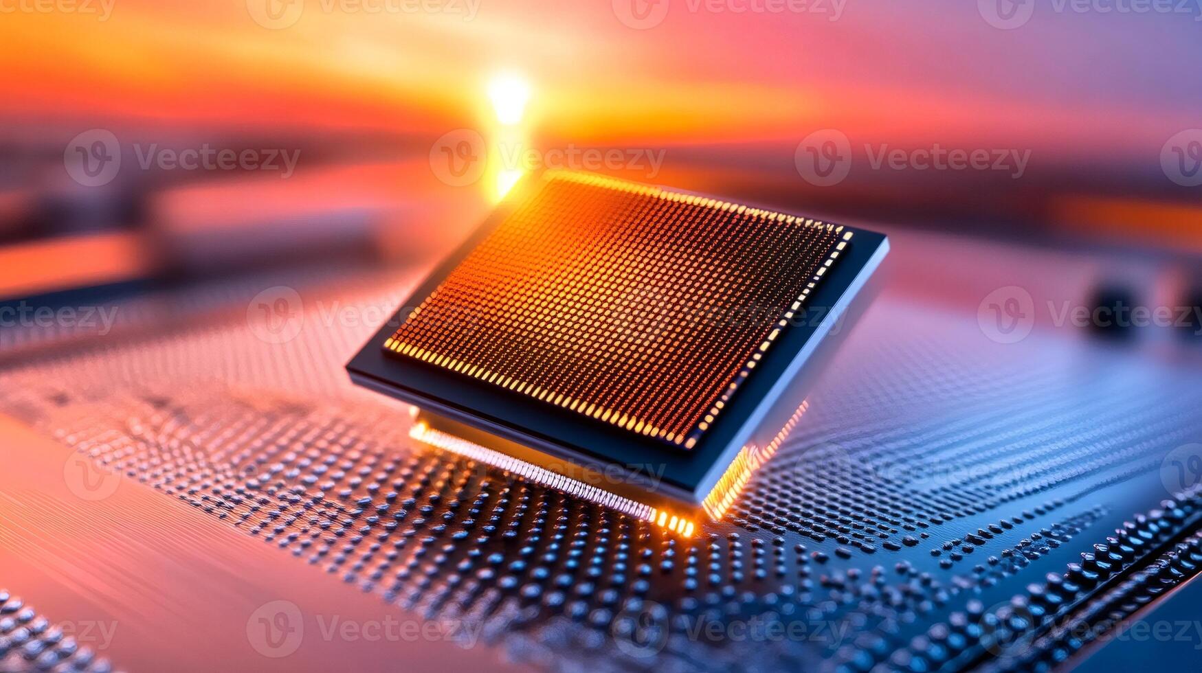 Cpu is levitating over motherboard at sunset, representing technological advancement photo
