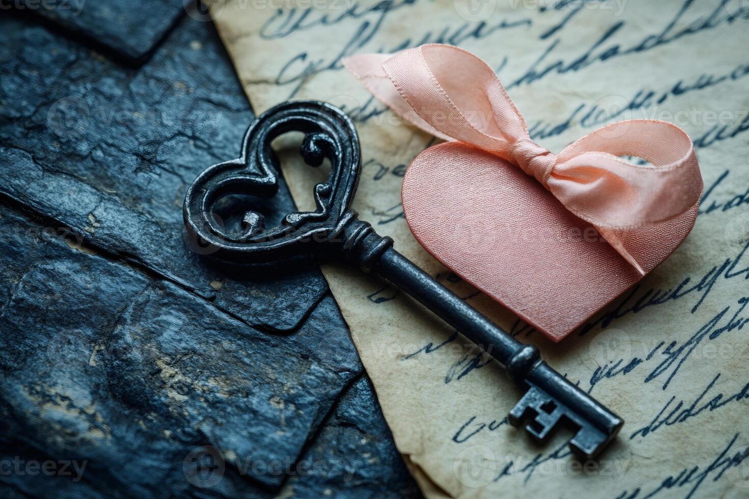 Antique Key with Heart Shape and Pink Ribbon Lying on Old Love Letter photo