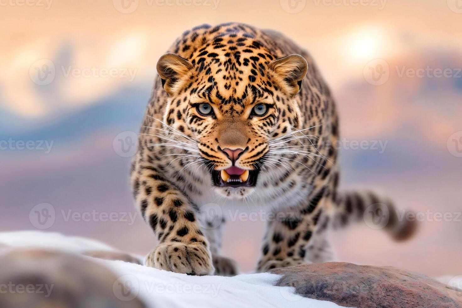 Leopard showing teeth and walking on snow at sunset photo