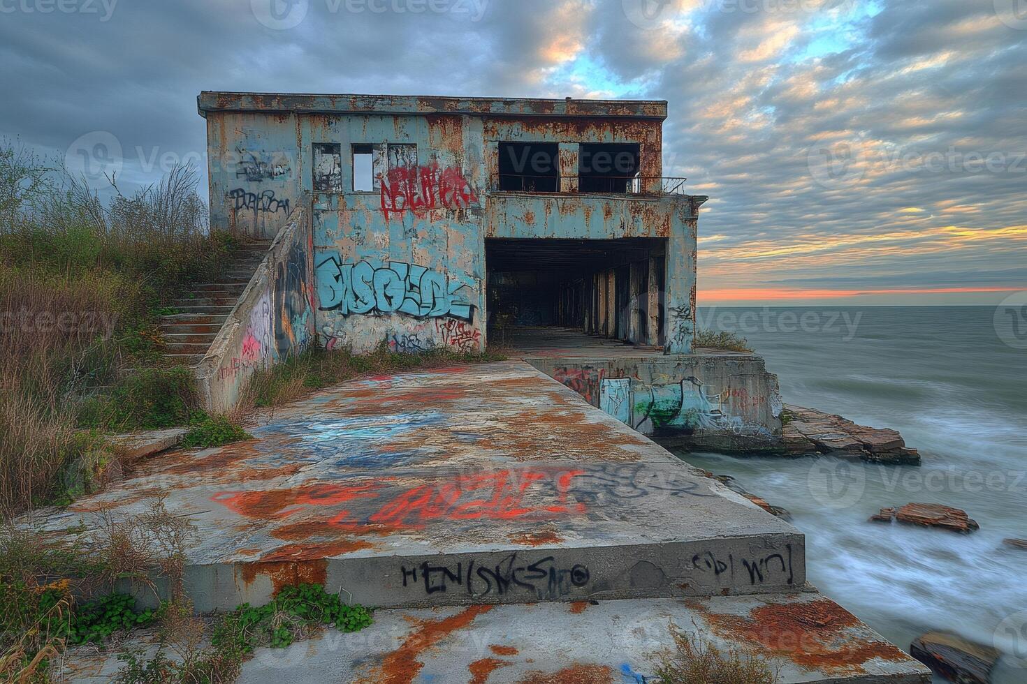Abandoned Coastal Building with Graffiti Art photo