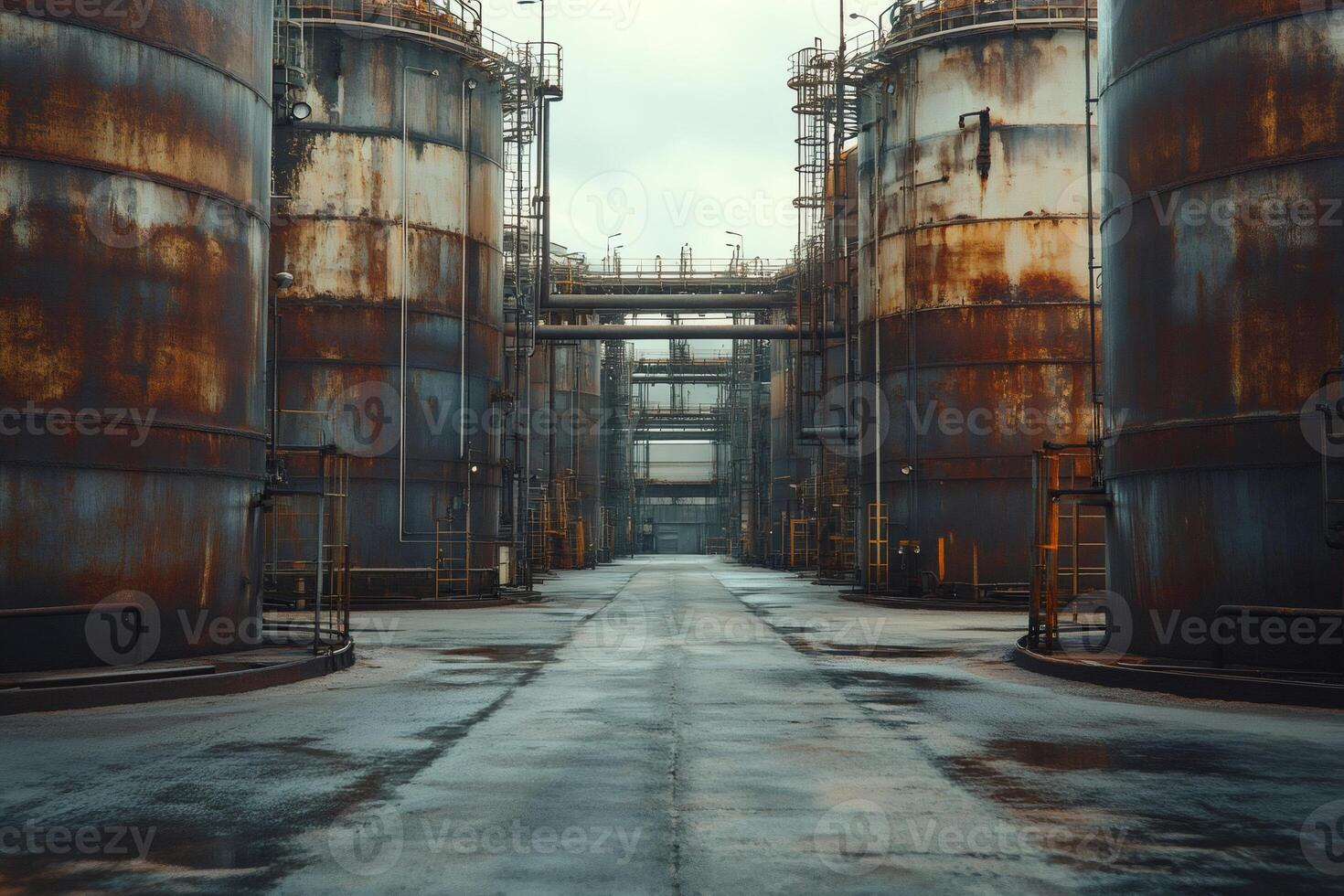 Rusting industrial storage tanks under cloudy sky photo