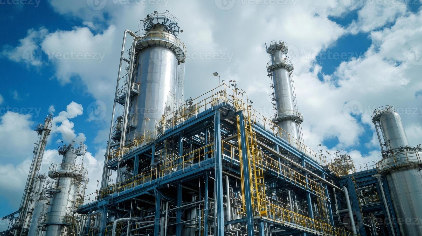 Distillation columns and chemical plant processing hydrocarbons under blue sky photo