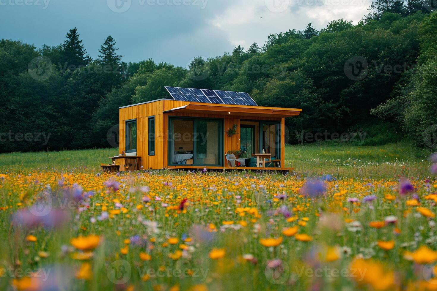 Modern tiny house with solar panels standing in a beautiful field of wildflowers photo