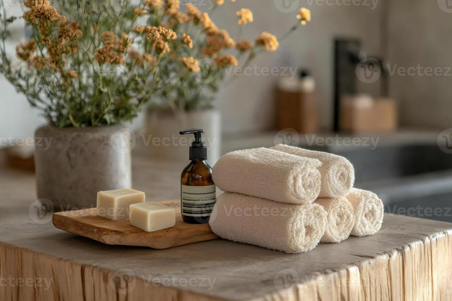 Stacked towels, soap bars, and liquid soap dispenser creating a relaxing spa ambiance photo