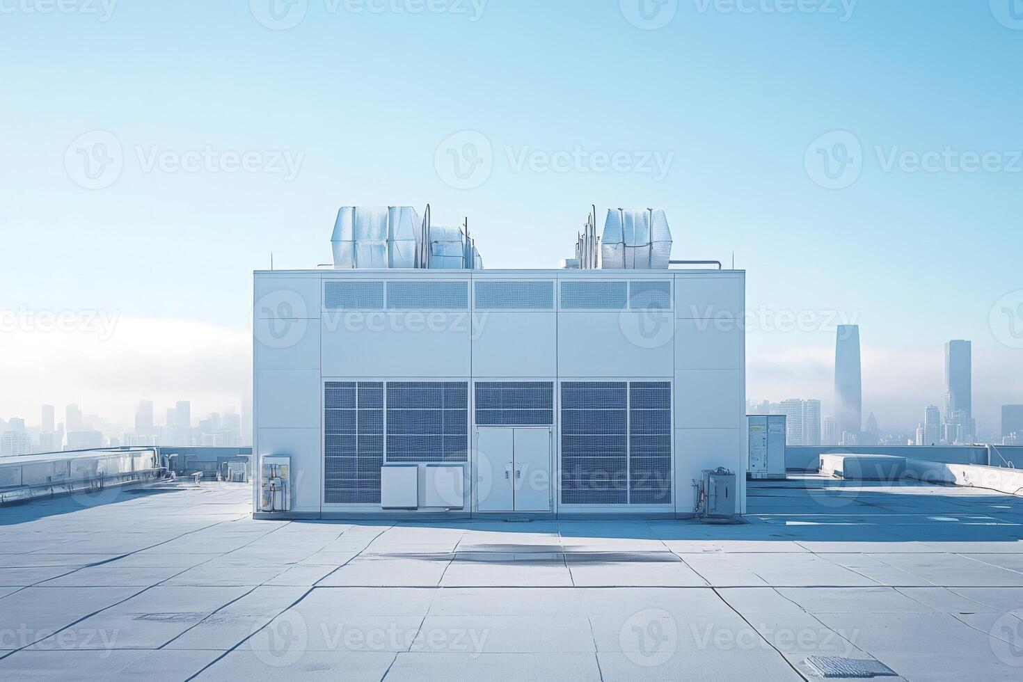 Modern rooftop with urban skyline backdrop photo