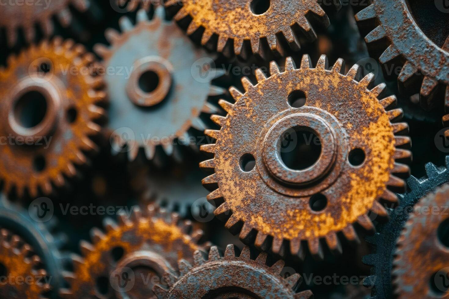 Rusty gears creating a complex mechanism are interlocking together photo
