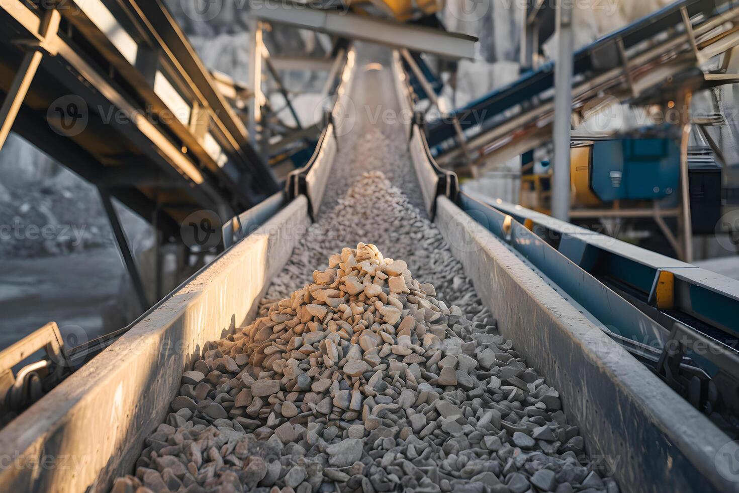 Conveyor belt transporting gravel in a quarry. photo