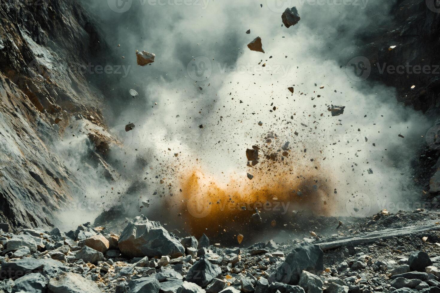 Rocks exploding in a quarry creating a cloud of dust and debris photo