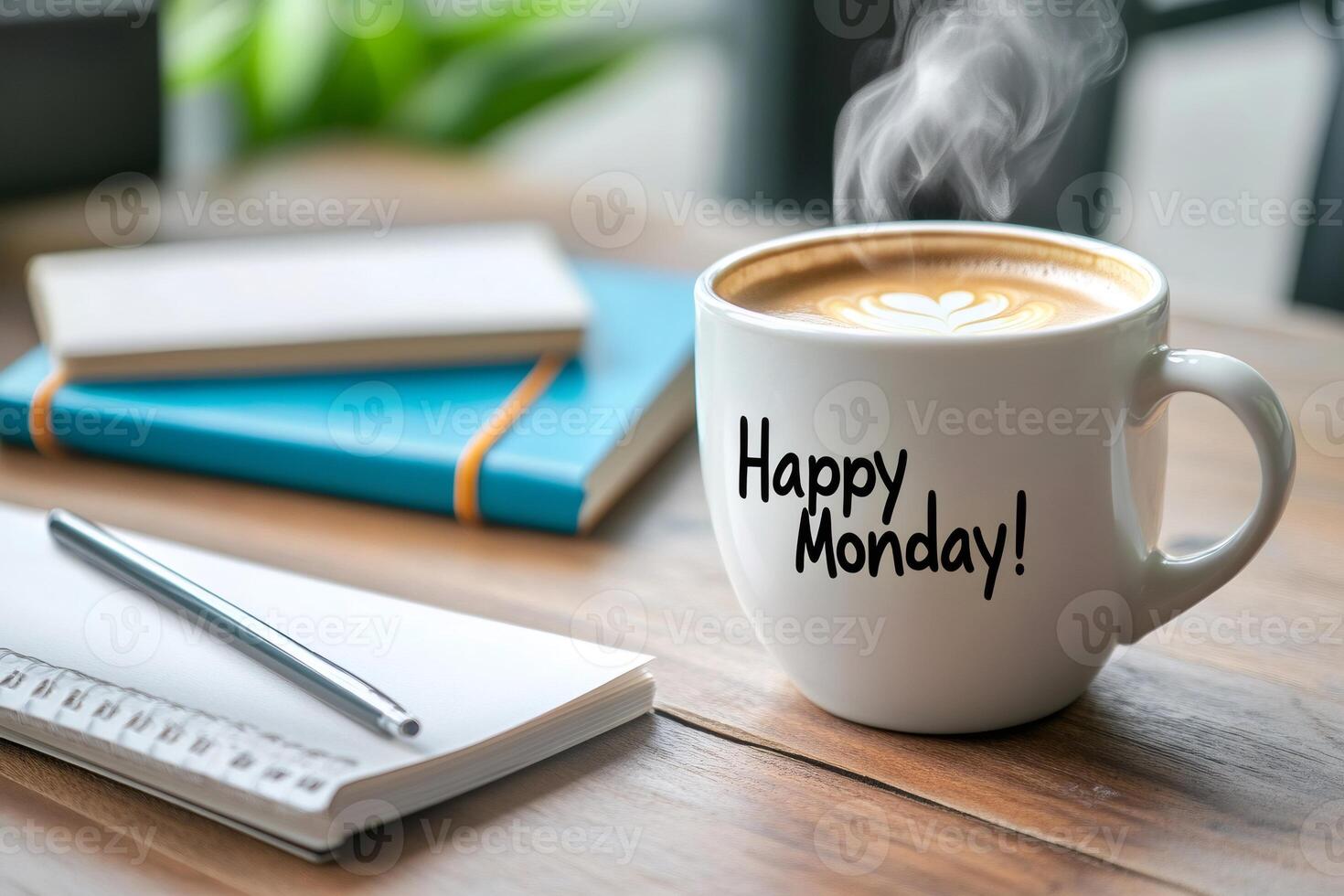 Steaming cup of coffee with happy monday message near notepad and pen on wooden desk photo