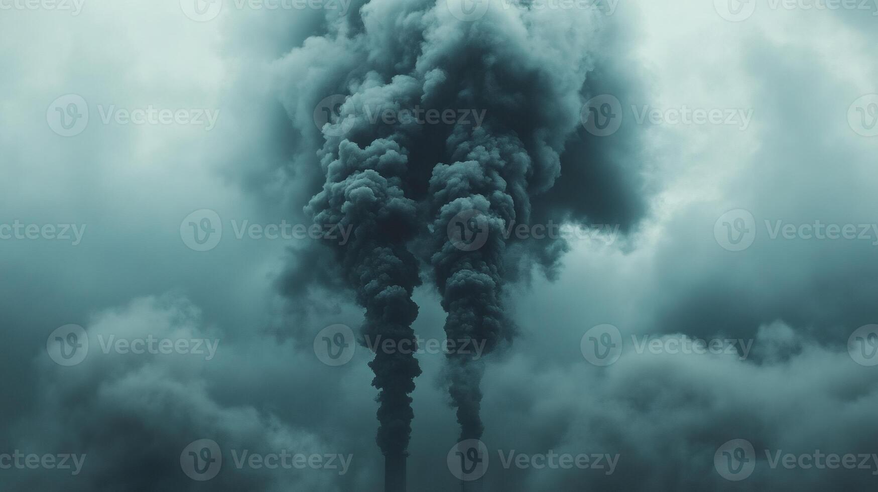 Two Industrial Smokestacks Releasing Pollution into Cloudy Sky photo