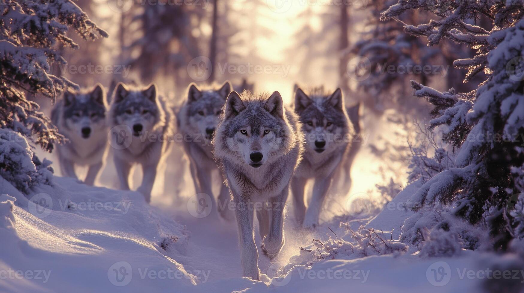 Wolf pack advancing in snowy forest at sunset photo