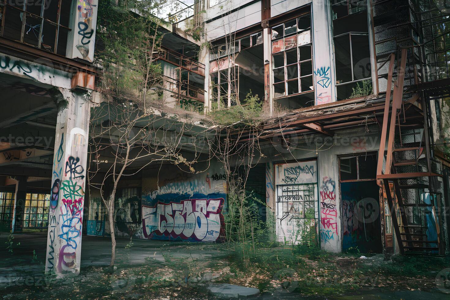 Abandoned industrial building with graffiti and overgrown vegetation is decaying photo
