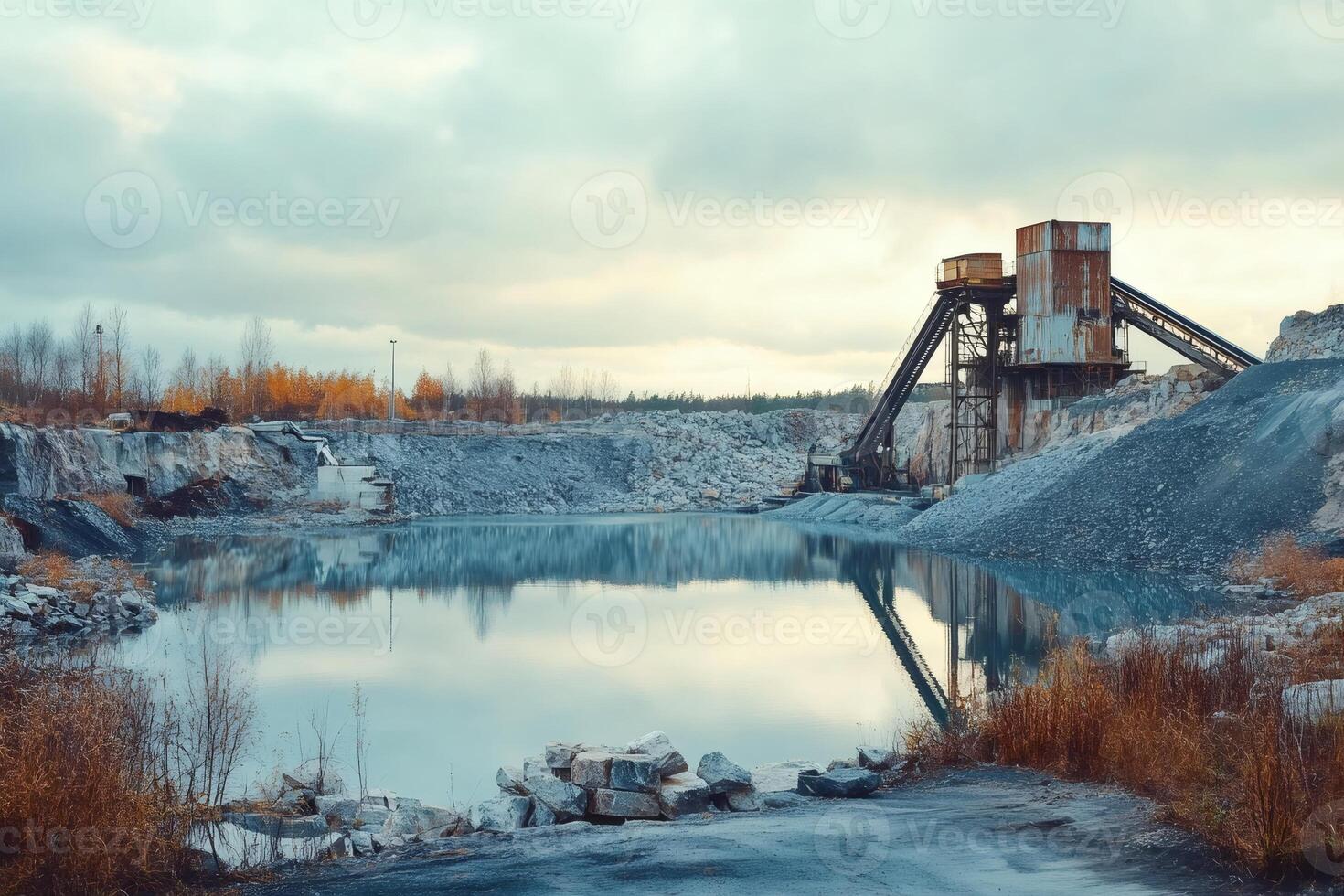 Abandoned Quarry with Reflective Water Surface photo